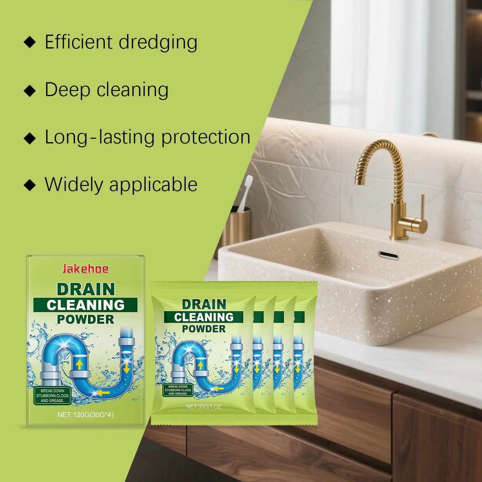120g bottle of drain cleaning powder for sinks and showers.