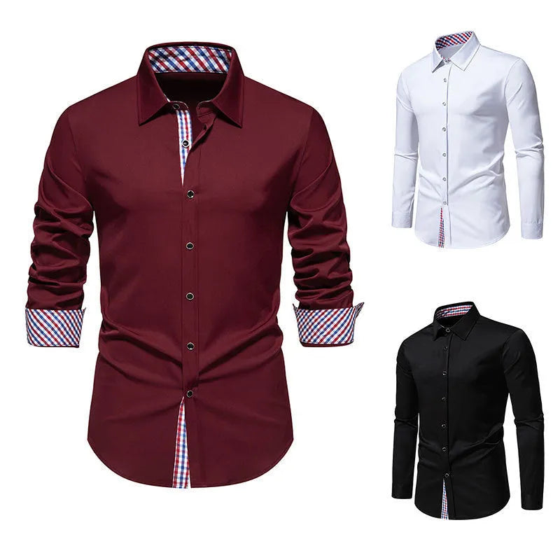 Men's casual loose plaid stitching long-sleeved shirt in white, size L, for leisure wear