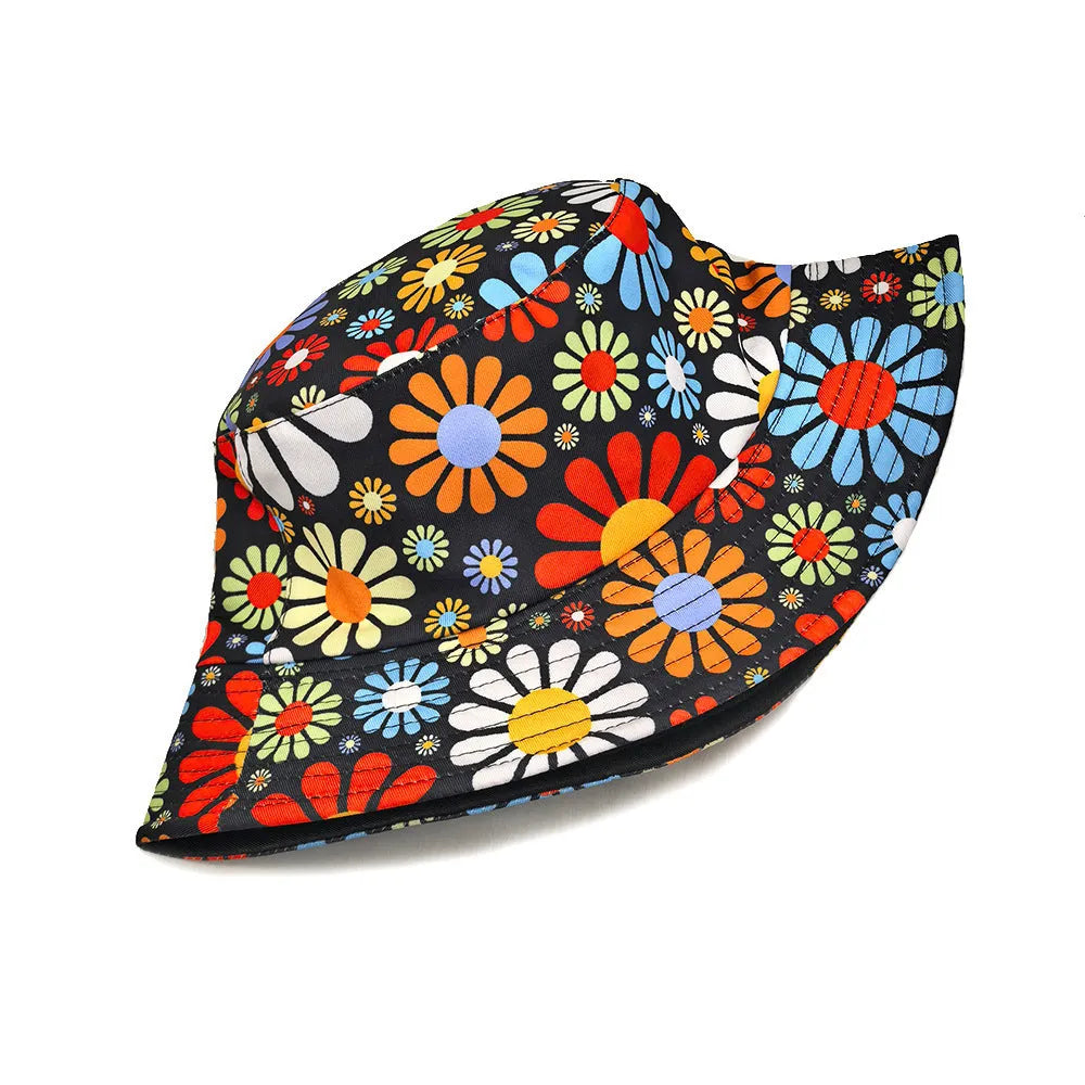 Colourful flower pattern polyester bucket hat with dome crown in M size 56-58cm