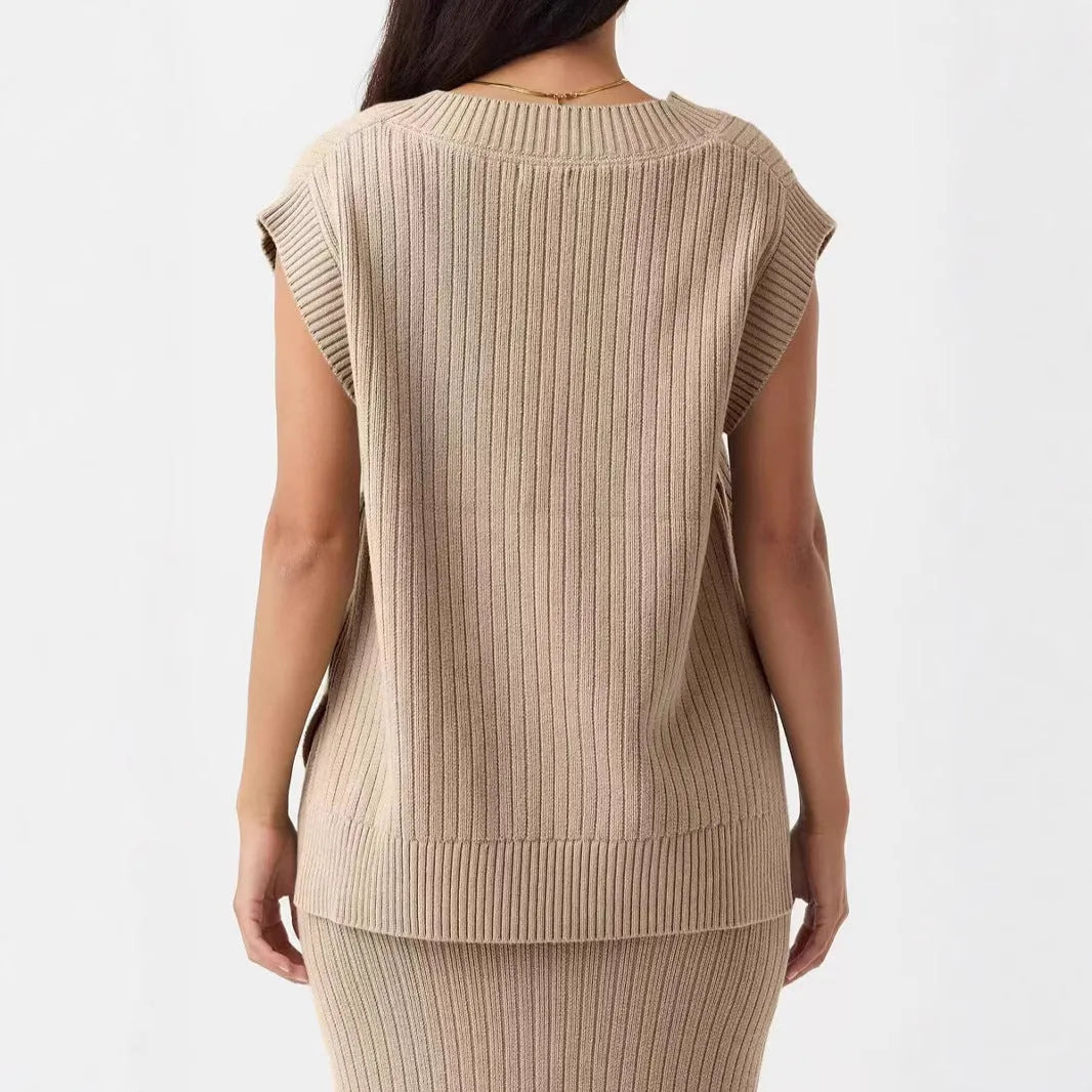 Women's v-neck sleeveless loose pullover vest in camel colour with striped pattern