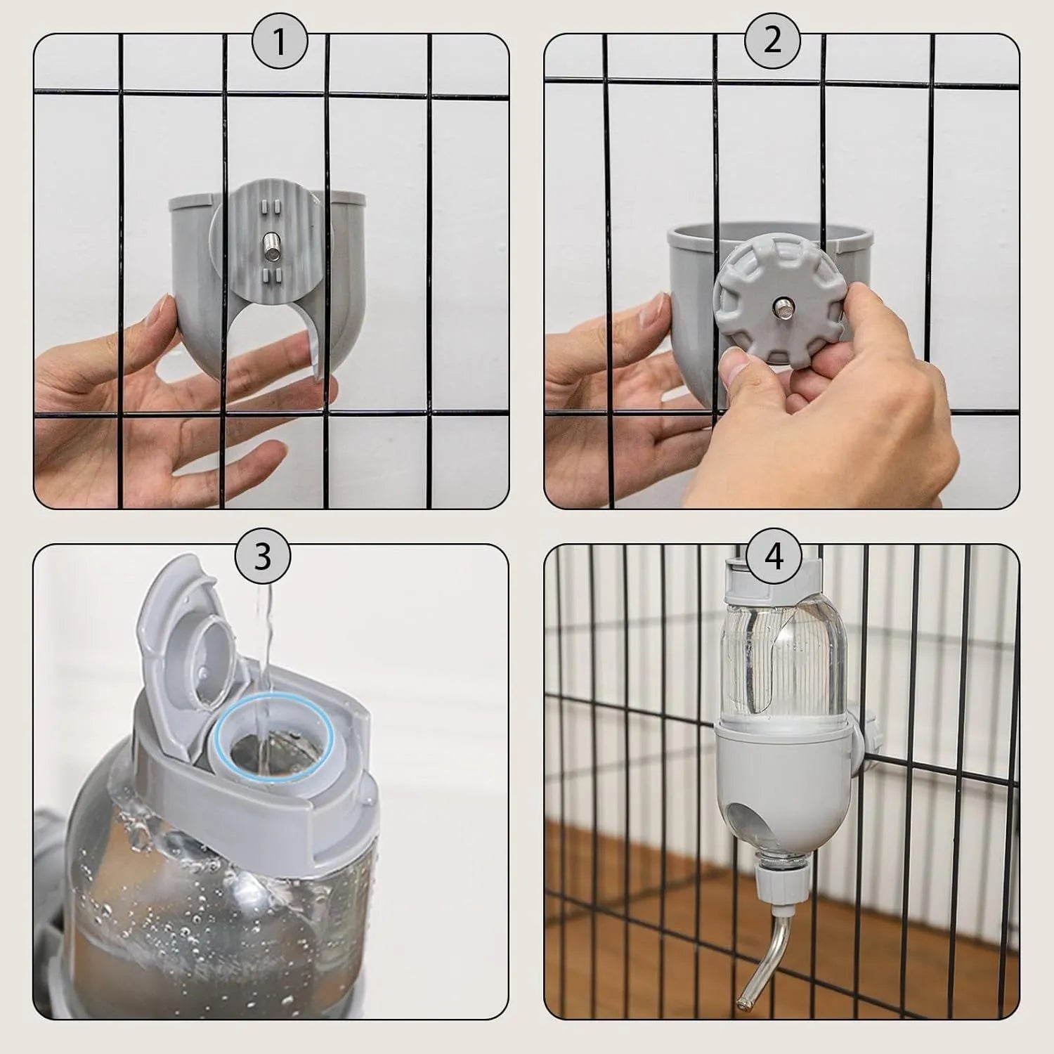 Small animal water bottle with rotating nozzle mounted on cage, shown in blue colour with 500ml capacity marking