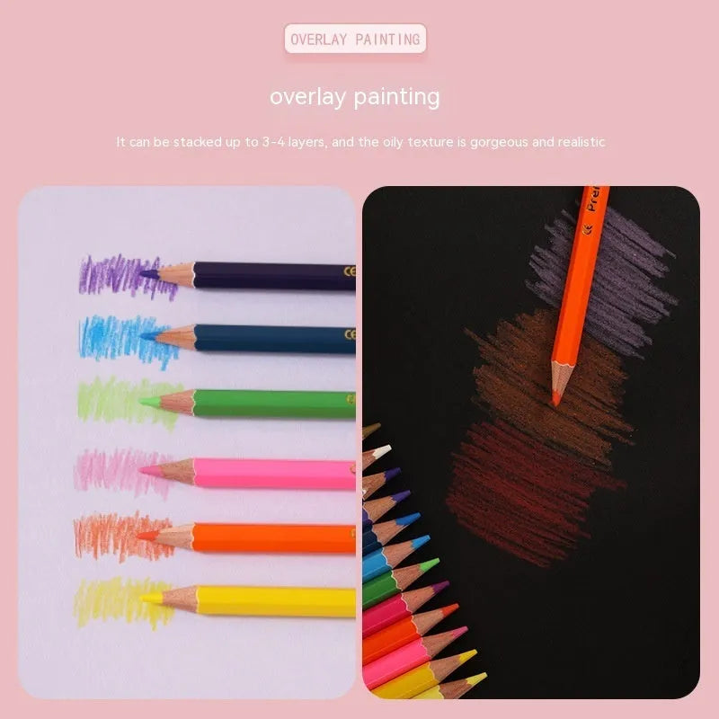 Set of wooden coloured pencils showing double-head lead tips, available in 6 or 12 piece sets.