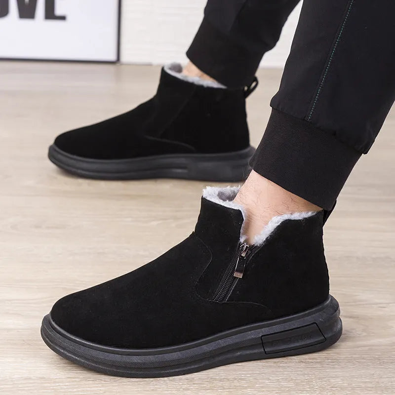 Men's fashion snow boots in black with side zipper, cotton upper, and flat wedge heel