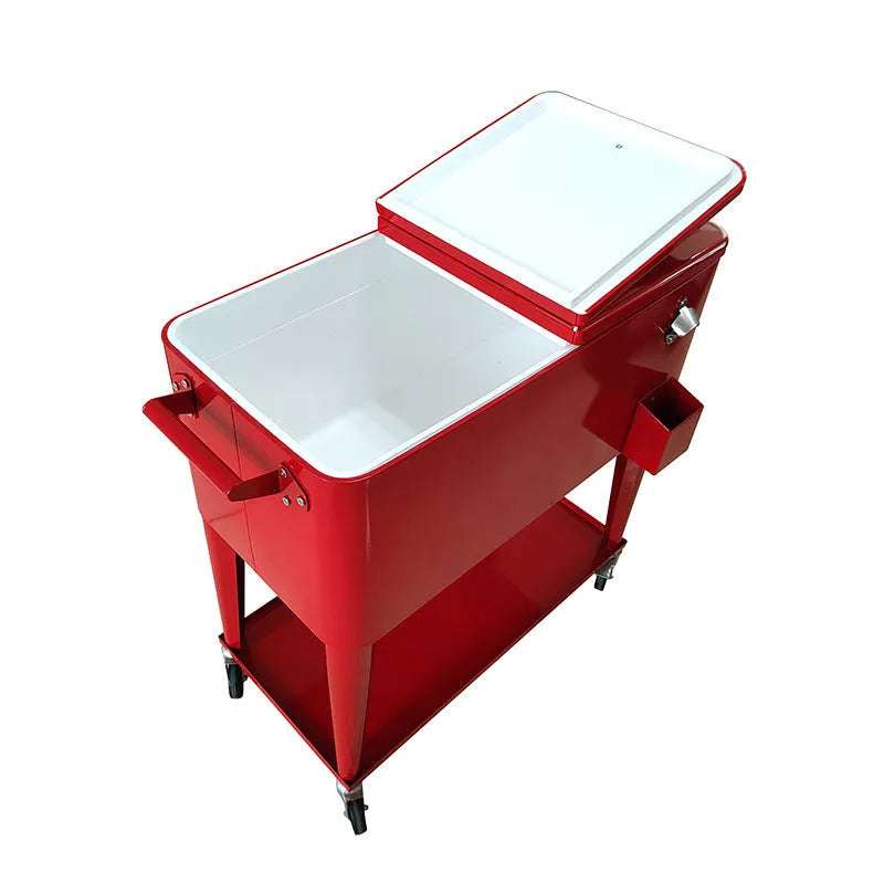 Red outdoor metal insulated trolley cart with handle, shown as a picnic cooler and ice bucket.