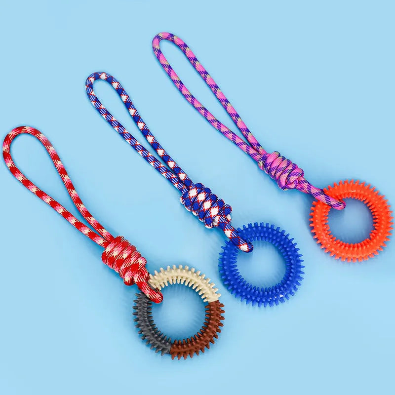 Blue braided rope dog chew toy with knots, measuring 43cm long