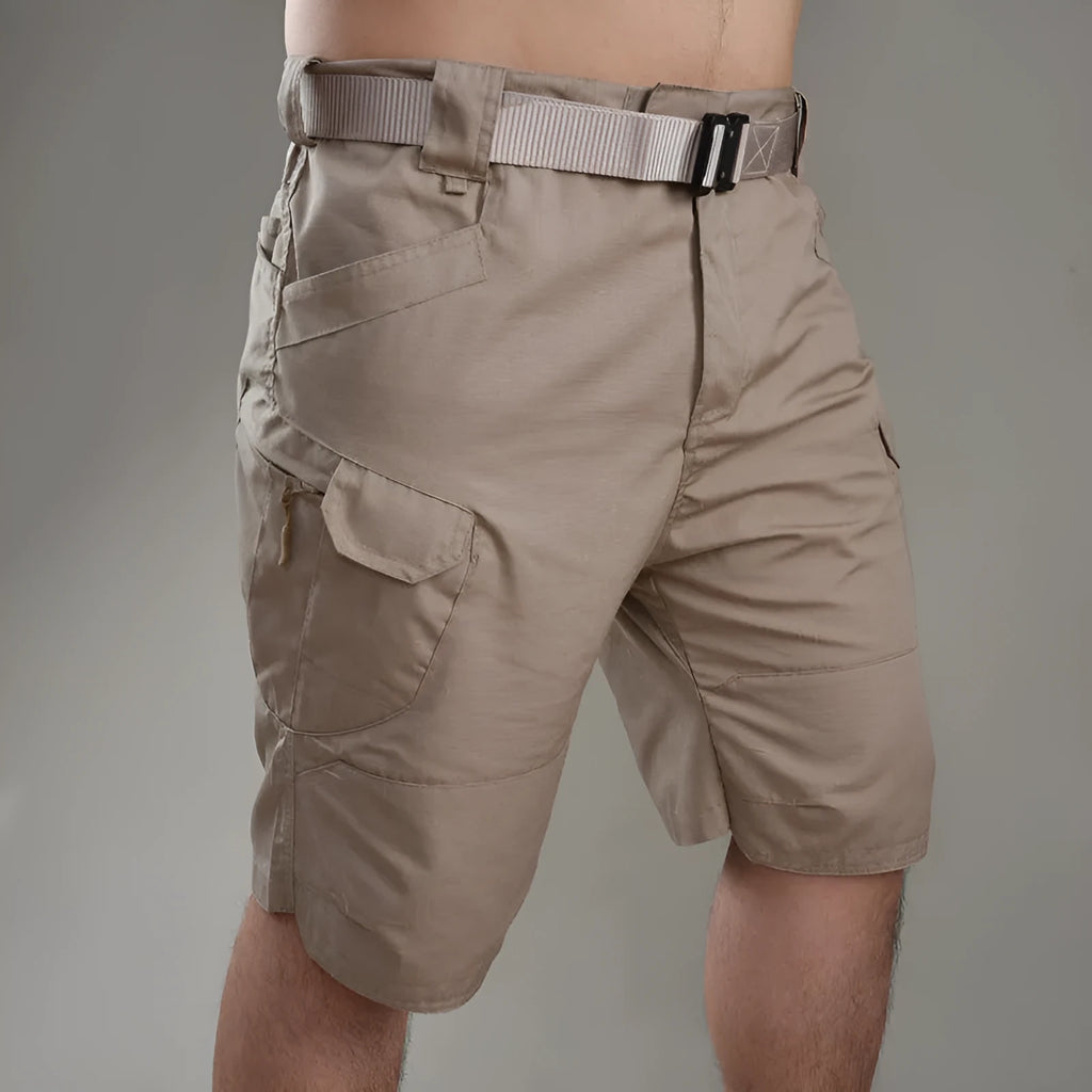 IX7 tactical shorts in khaki cotton blend fabric, wear-resistant for hiking camping spring outdoor work, button model closure