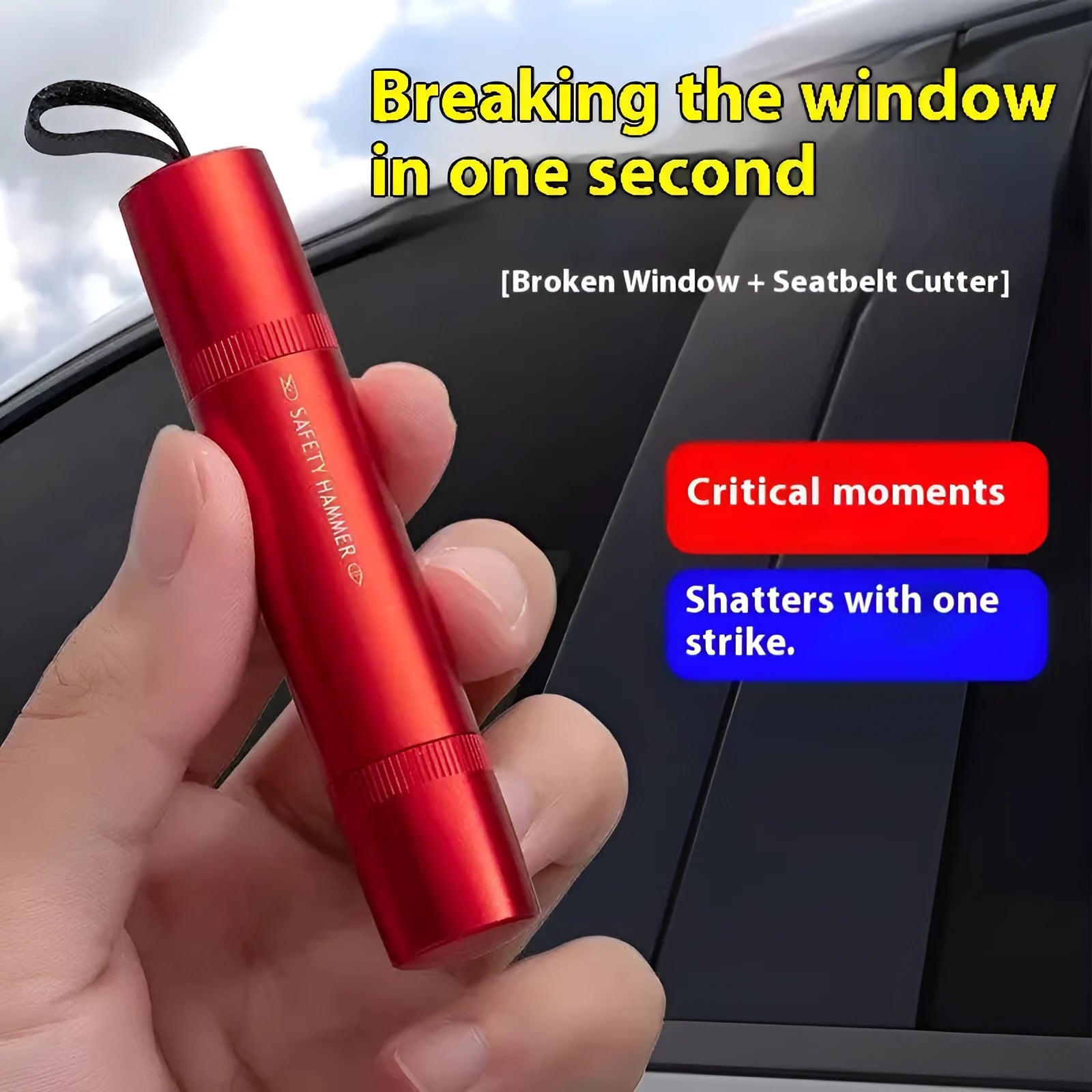 Car safety life hammer window breaker in black and red ABS plastic on grey background