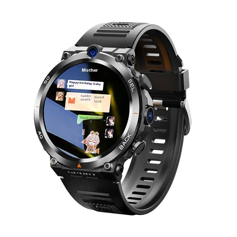 Multi functional sports smartwatch with dual cameras, touch screen, and NFC on wrist