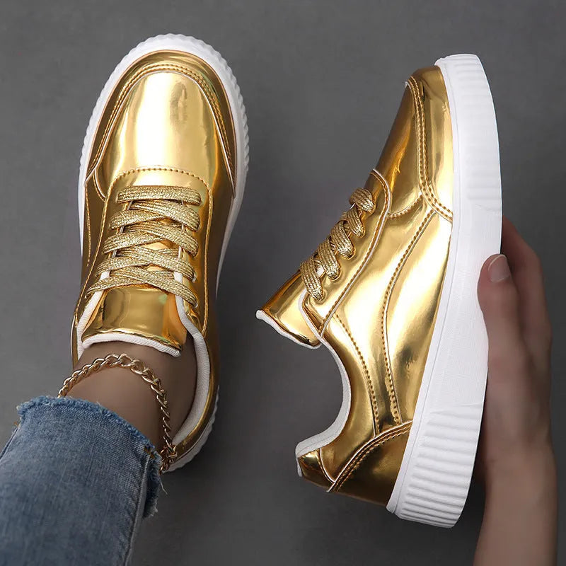 Gold sequin platform sneakers with round toe and thick MD sole
