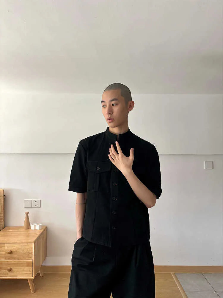 Handmade black half sleeve hunting shirt with shirt collar and loose fit design
