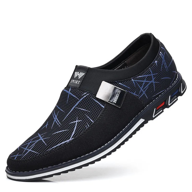 Men's flat low-top casual shoes in synthetic leather with square toe and rubber sole, available in multiple colours and sizes 38-53