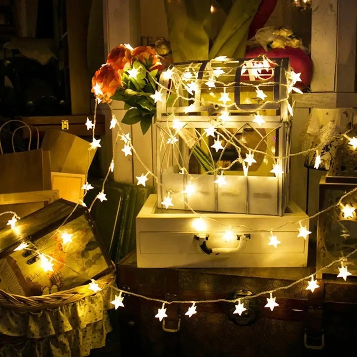 LED star light string with 20 warm white lights on 3m cable, glass shells, outdoor holiday decoration