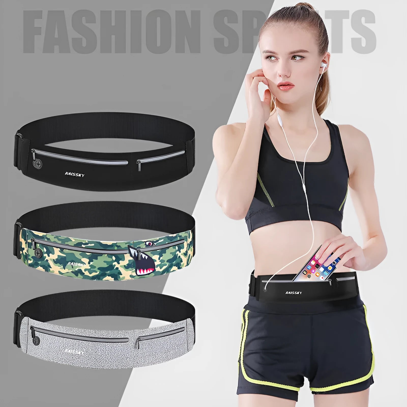 Waterproof 8-inch waist bag in classic black, heather gray, or camouflage crocodile for outdoor sports
