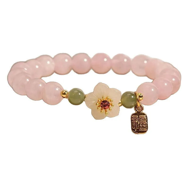 Crystal Hetian jade beaded bracelet with polished fruit shape beads and camellia element in blessing card colour