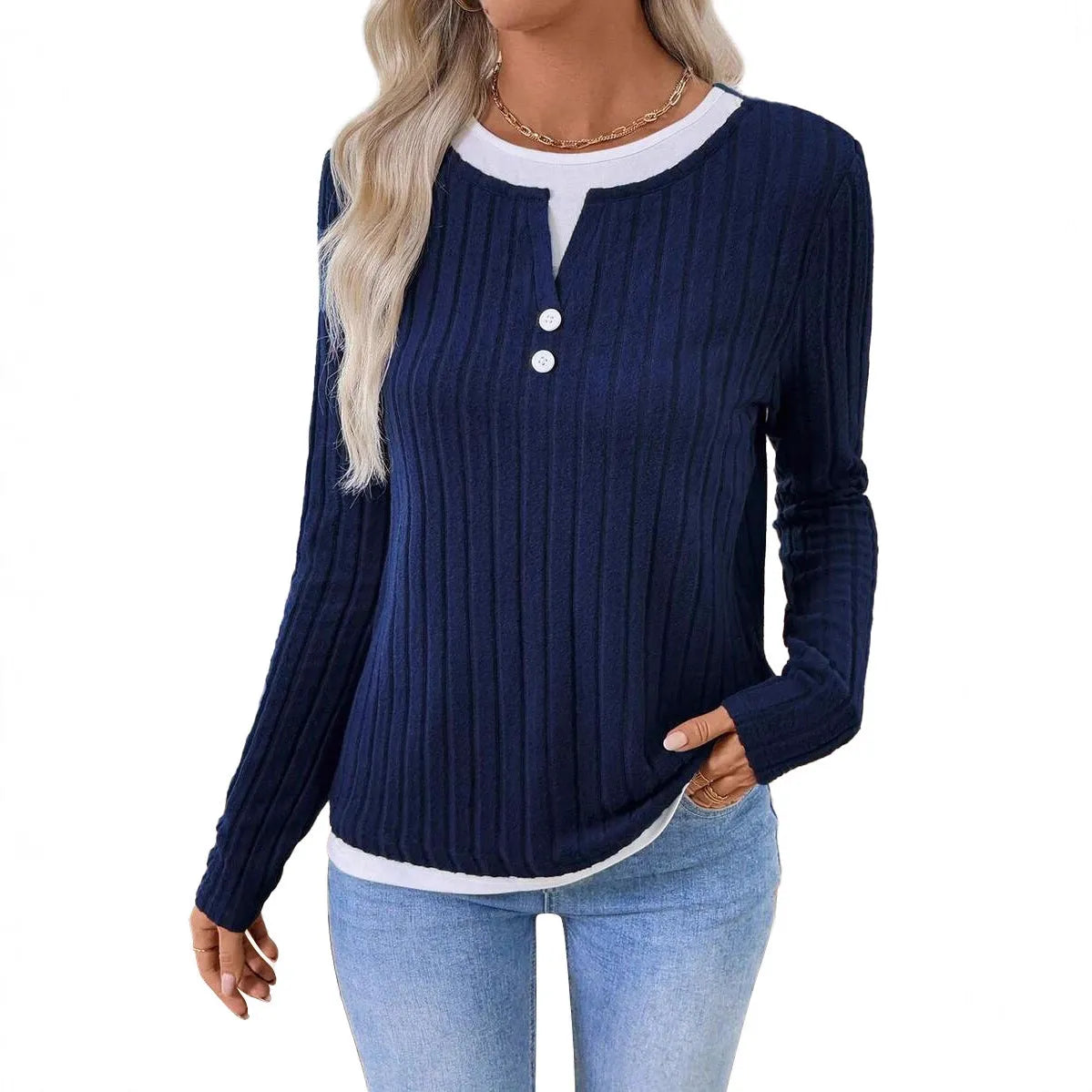 Women's fake two-piece pullover sweater with concave stripe pattern and round neck button detailing