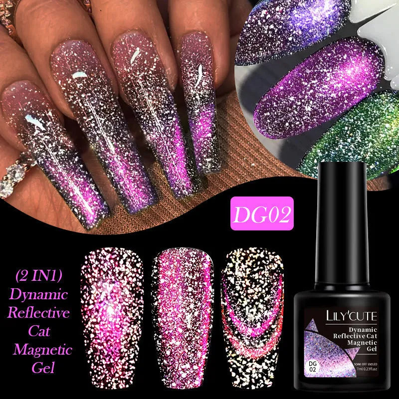Diamond In The Debris Cat Eye Series Nail Polish Gel bottle in one of six glittering shades with nail glue.