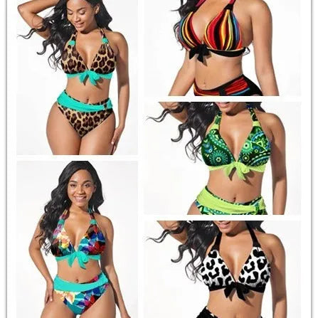Women's colourful printed plus size bikini set with top and bottom, polyester spandex, available in multiple colours and sizes S to XXXXL.