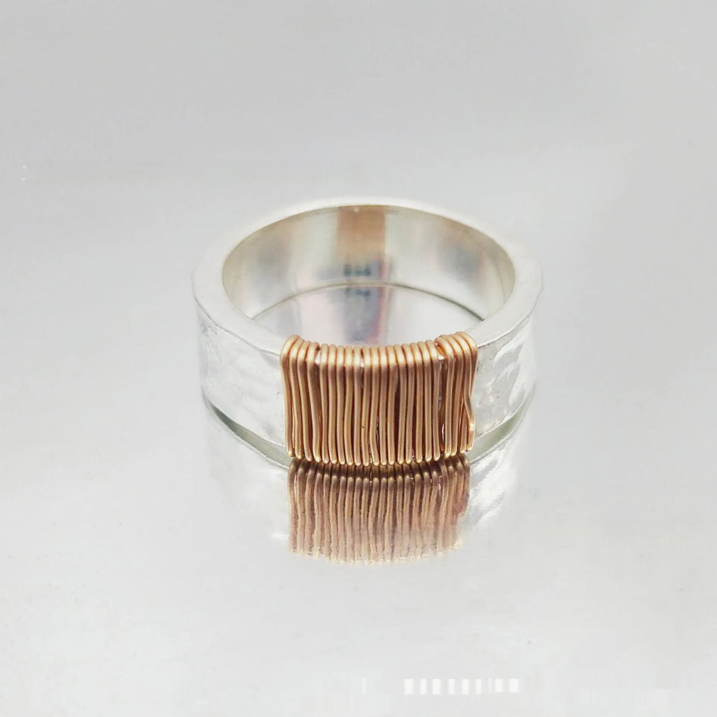 Copper vintage ring bracelet with irregular coil geometric design in silver golden electroplated finish