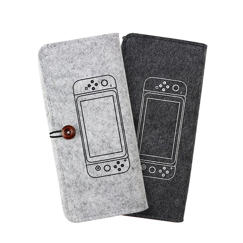 Black Nintendo Switch felt carrying pouch showing game card slots and dual compartments.