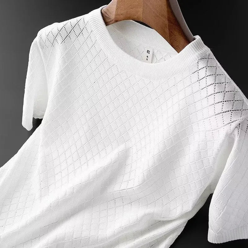 Men's ice silk V-neck t-shirt with cut-out detail in black and white colour options