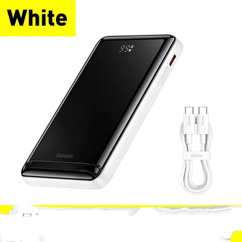 Slim blue magnetic 3-in-1 power bank showing wireless charging surface and compact size.