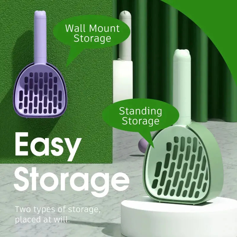 Plastic cat litter scoop with base in white model, showing hidden bag storage compartment and large scoop head with alternating apertures
