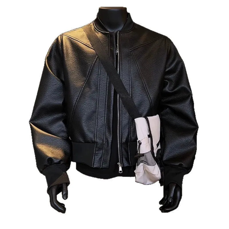 Men's black slim-fit PU leather jacket with extended 100cm length shown on model