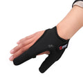 Two-finger fishing tackle glove for lure fishing in black colour showing diving cloth back and microfiber palm construction