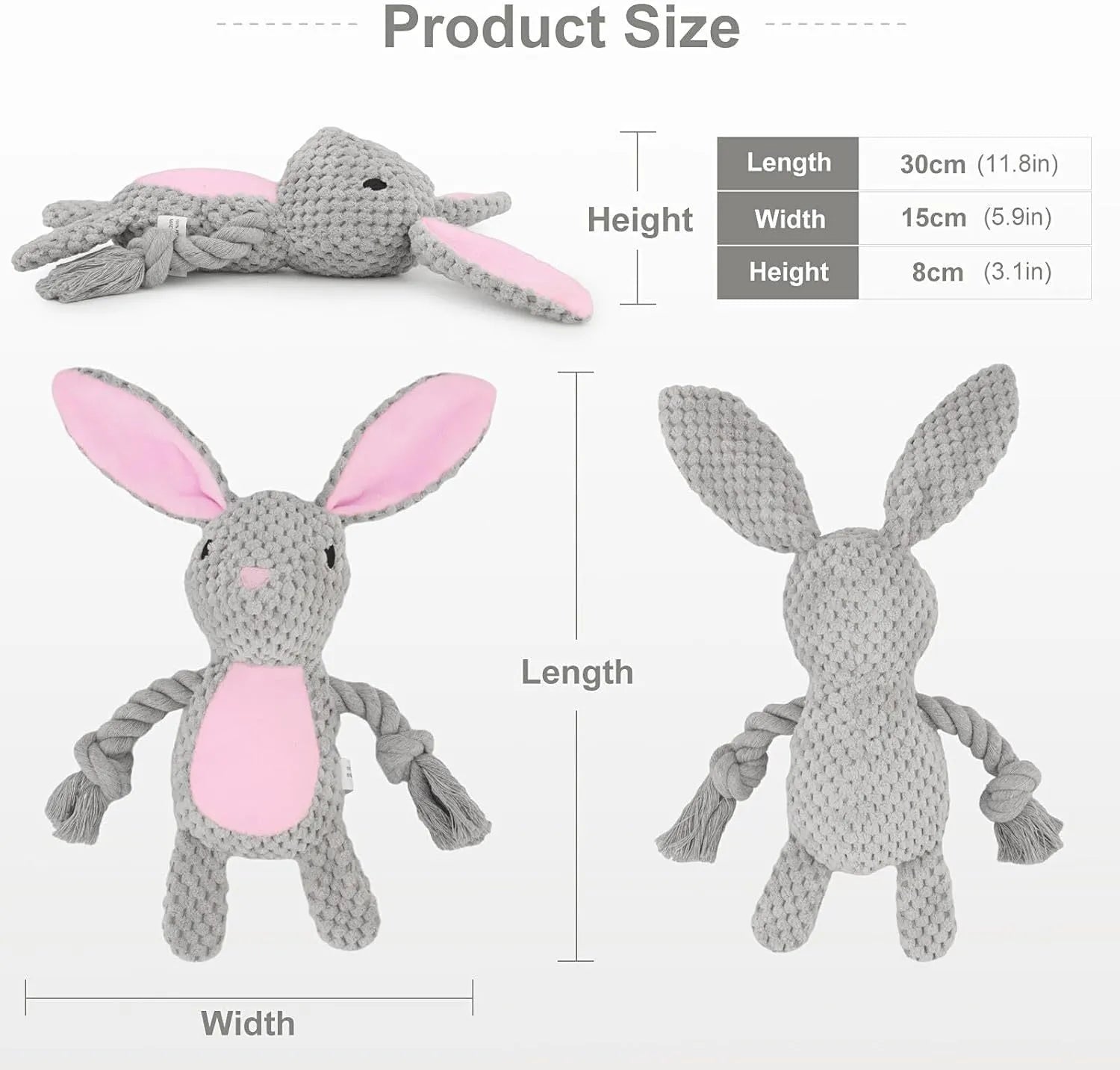 Plush dog squeaker toy with crinkle paper and cotton rope in elephant design for small middle dogs