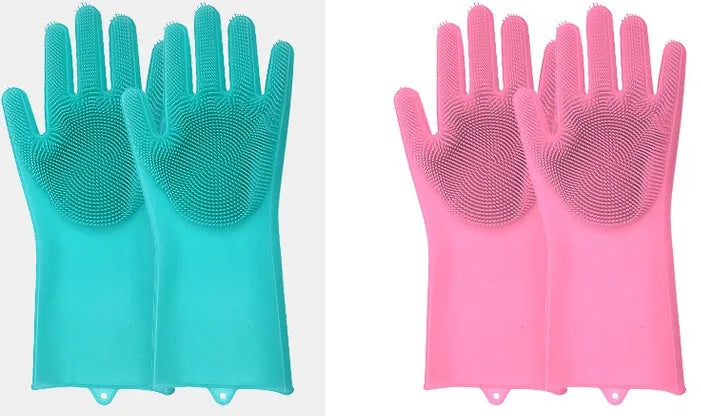 Silicone heat-resistant cleaning brush scrubbing gloves in blue, 357x165mm, on a kitchen counter