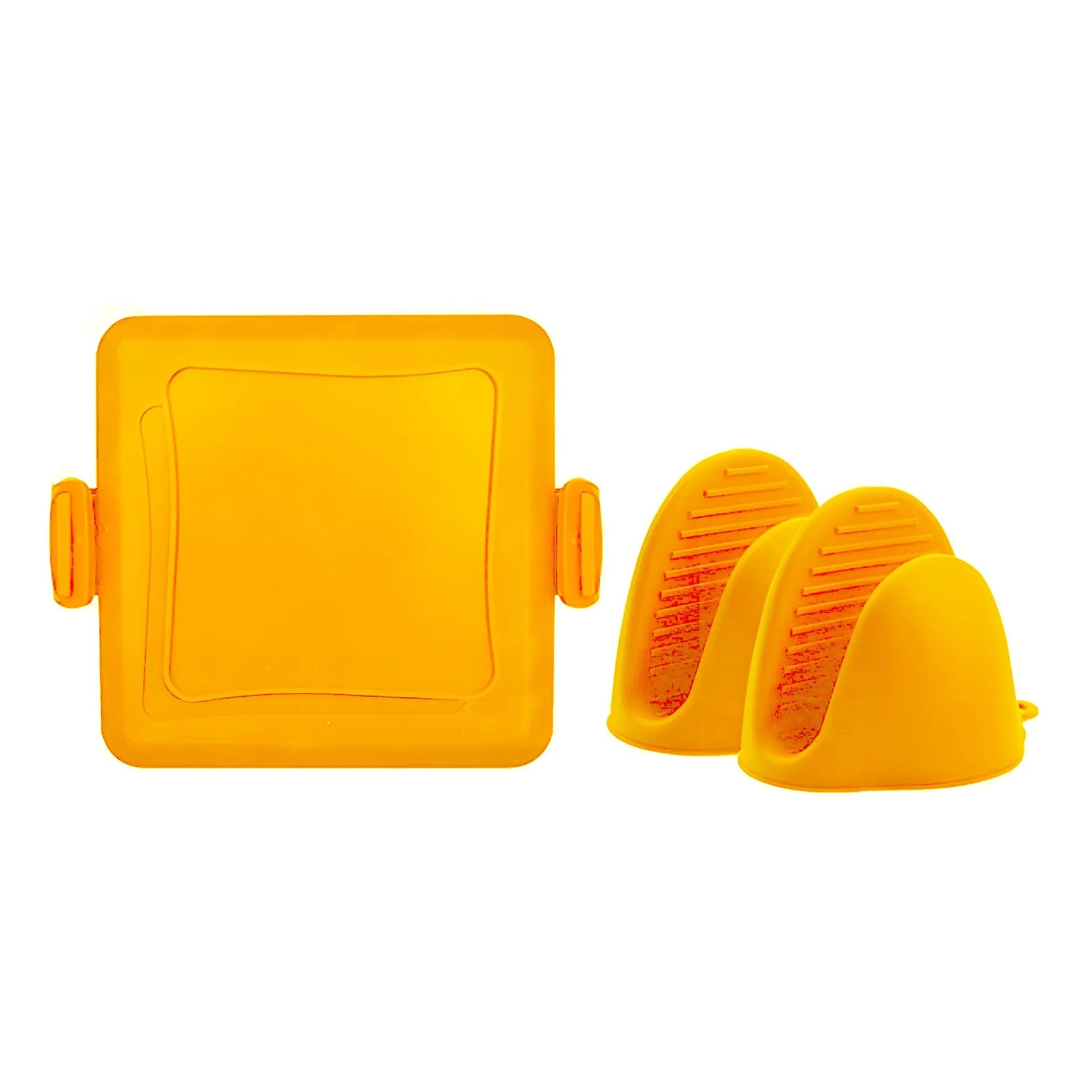 Red silicone baking tray with matching silicone heat-resistant gloves