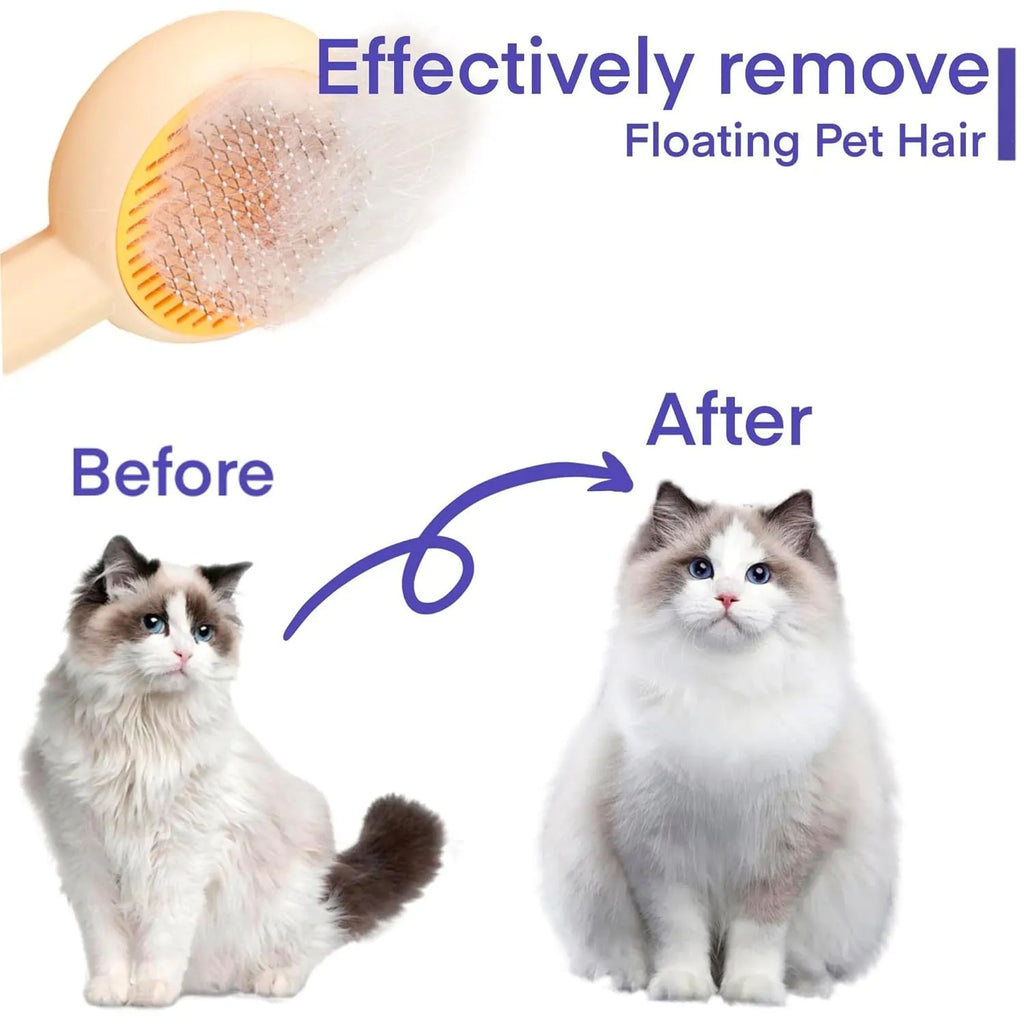 Blue and yellow pet grooming brush with self-cleaning button and angled needles