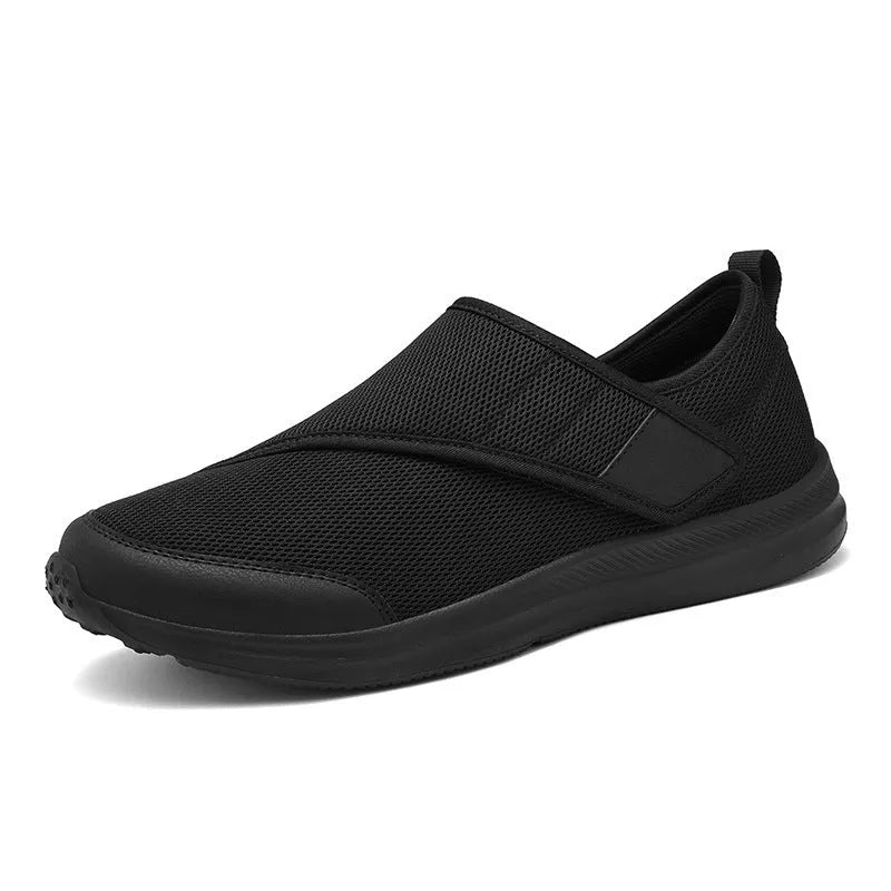 Unisex mesh walking shoes with Velcro fastening, round toe, flat heel, for outdoor mountaineering and daily leisure, black colour