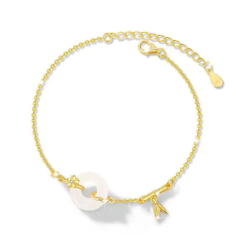 Silver white chalcedony bracelet with starry sky design and peace buckle on a neutral background