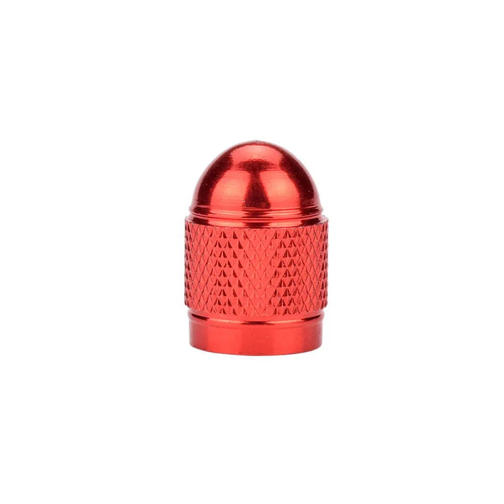 Aluminium alloy mountain bike tyre valve cap shown in five colour options: black, blue, gold, red, silver.