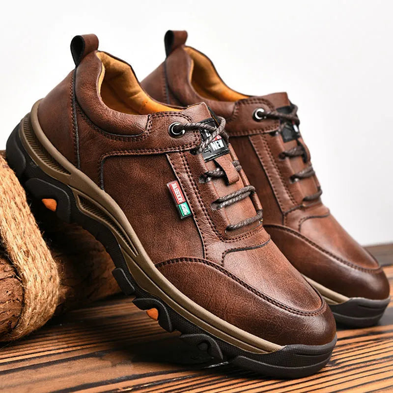 Men's British style round toe leather shoes with front lace-up and rubber sole, available in black and brown