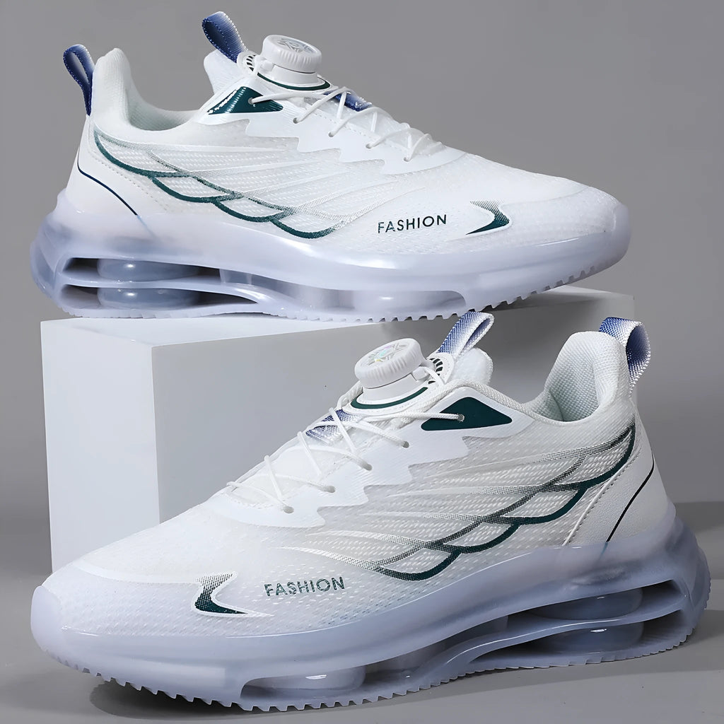 White rotating button lace casual trainers with mesh upper and rubber sole
