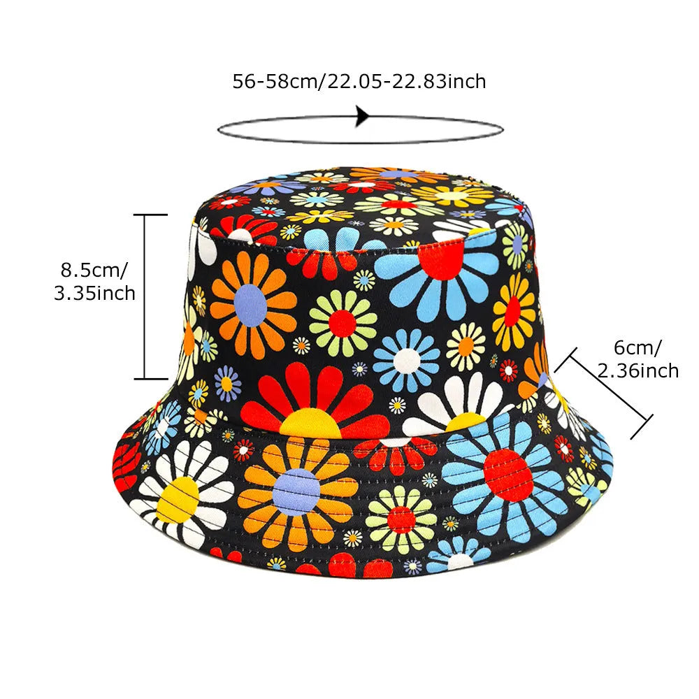 Colourful flower pattern polyester bucket hat with dome crown in M size 56-58cm
