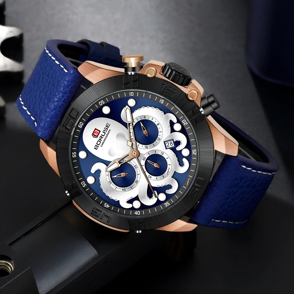 Octopus men's waterproof luminous quartz casual watch blue ribbon blue face 13mm thickness