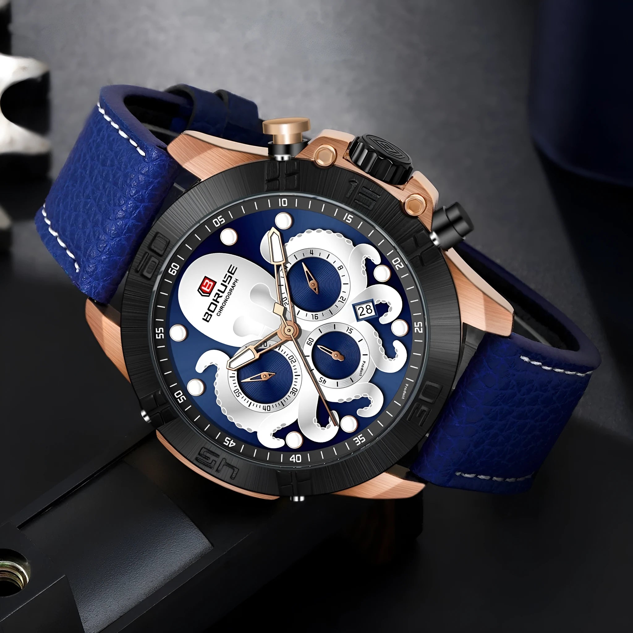Octopus men's waterproof luminous quartz casual watch blue ribbon blue face 13mm thickness