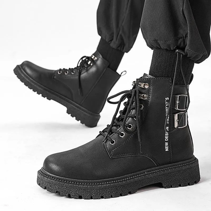 High-top winter boots in black with thick bottom, front lace-up, PU upper, rubber sole, and leather-stitch detailing