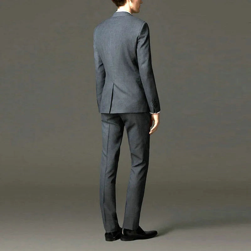 Men's flat collar slim fit suit jacket with trousers in dark grey, half linen lining, sports wear autumn winter