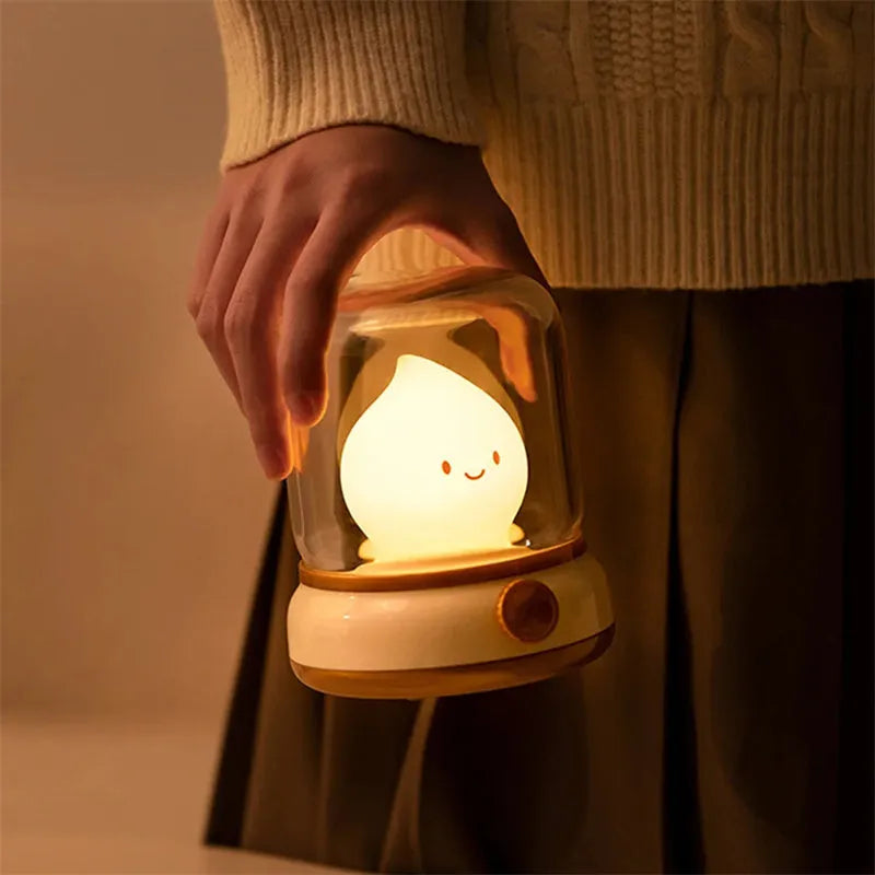 Retro USB rechargeable LED night lamp in green, compact 100x108x124mm, with dimmable knob and candlelight mode