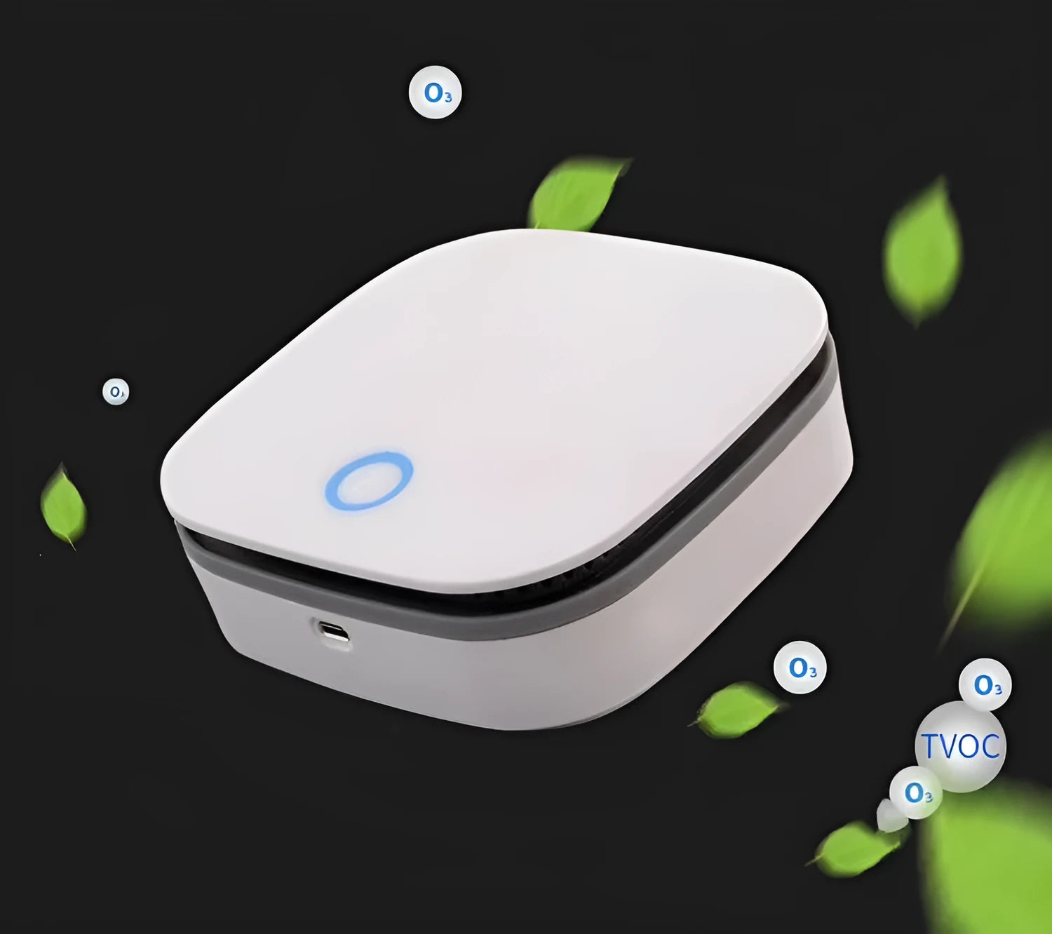 White USB-powered car air purifier with negative ion sterilisation and composite filter.