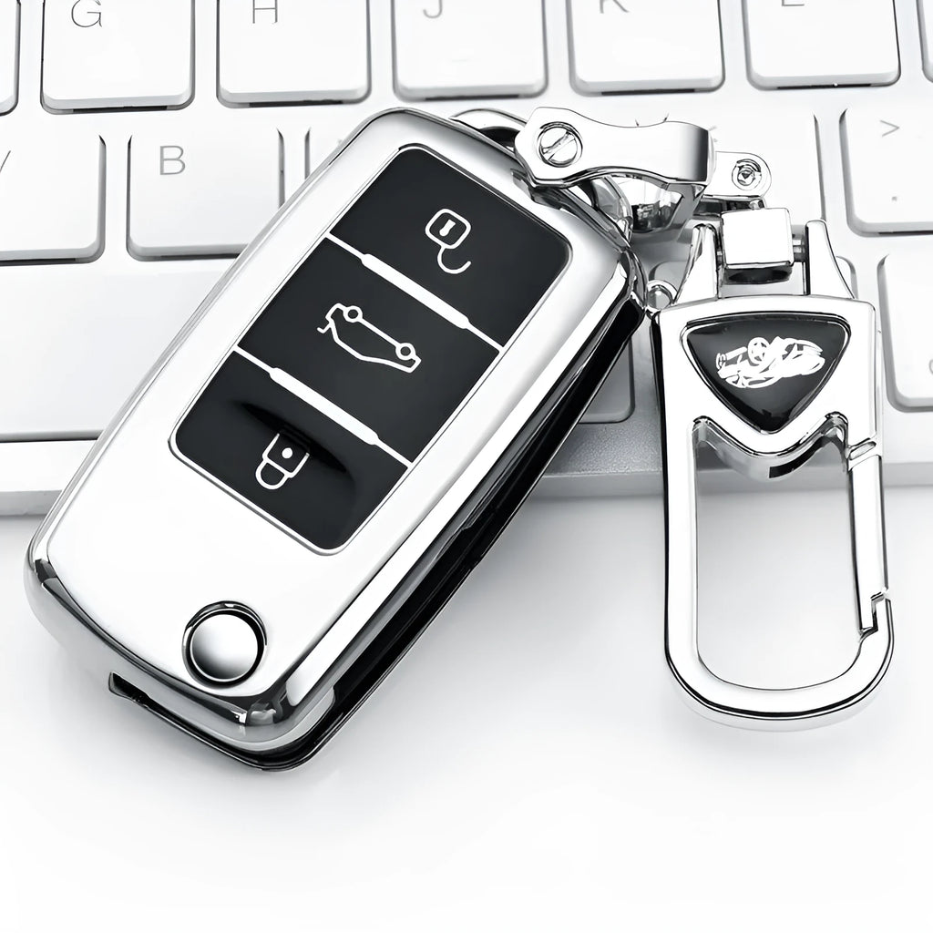 VW Model A folding car key case in TPU material showing four colour options: silver, blue, pink and red
