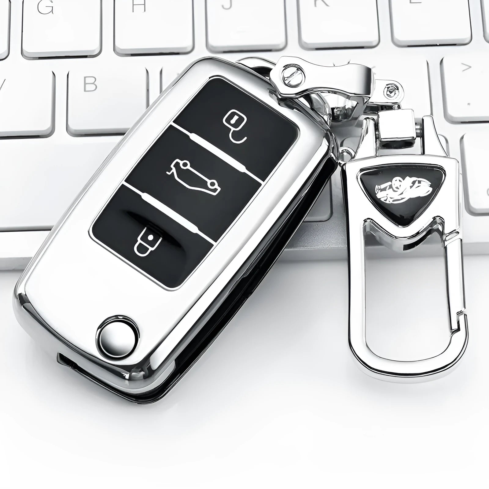 VW Model A folding car key case in TPU material showing four colour options: silver, blue, pink and red