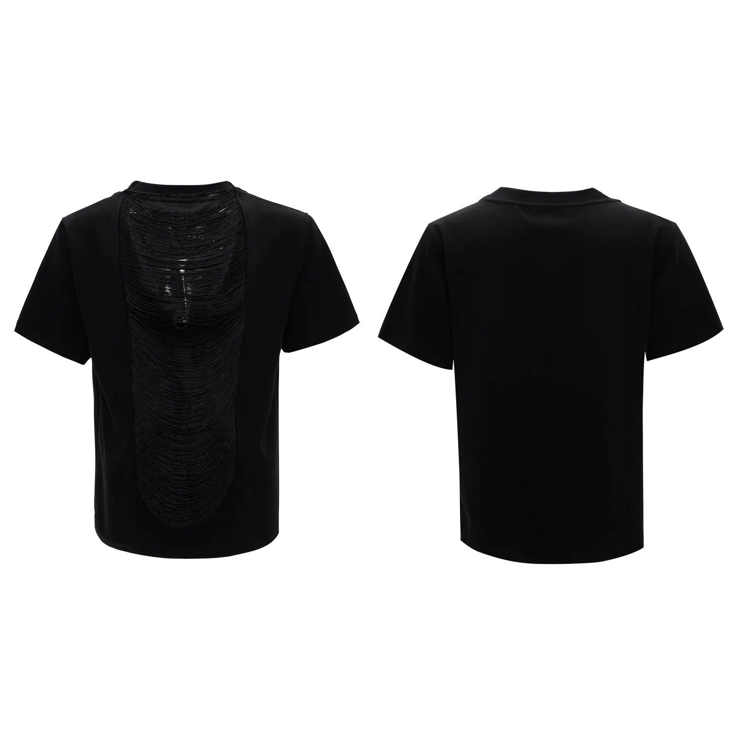 Men's black V-neck polyester t-shirt with loose fit and three-dimensional cutting