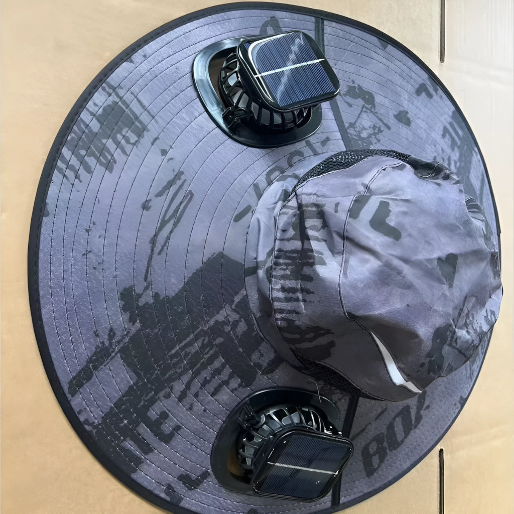 Men's grey solar fan cap with large brim and built-in fan on a sunny background