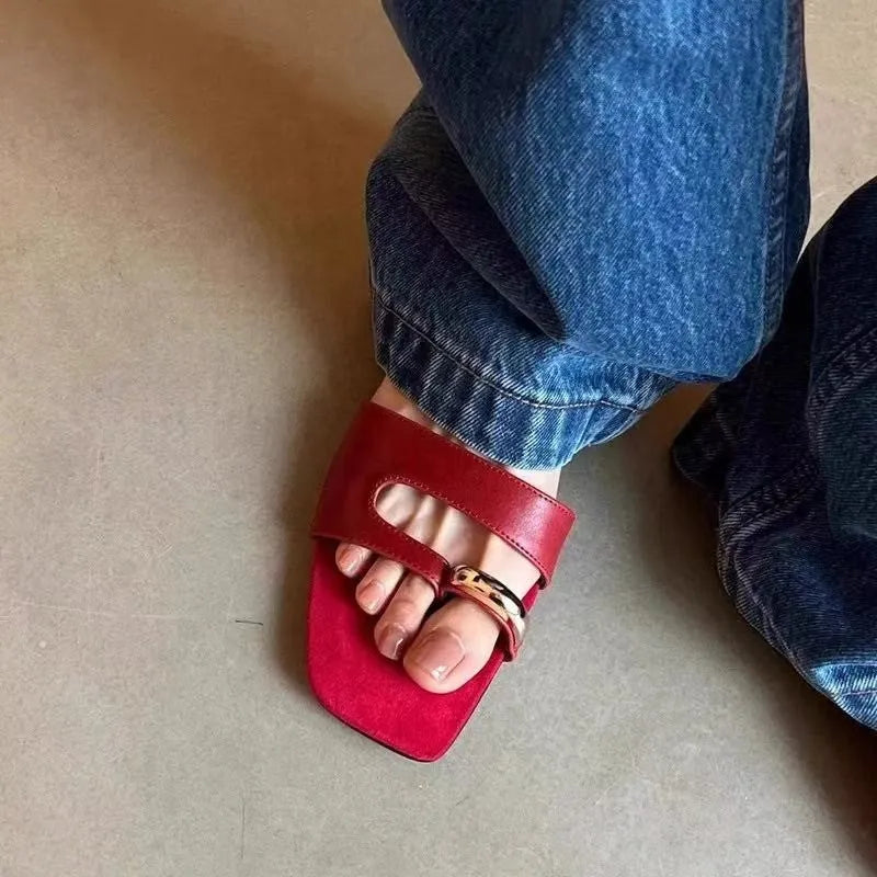 Plus size square head outdoor slippers in black with leather upper and rubber sole