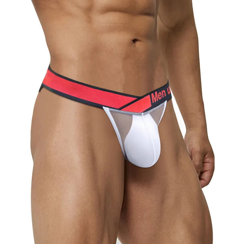 Men's transparent ice silk nylon briefs with low waist large V gradient design in red colour